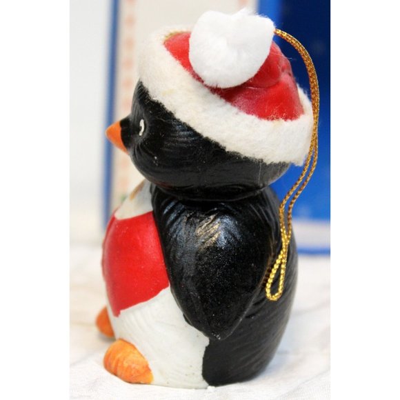VTG 80s Porcelain Christmas Penguin Ornament Bell Santa Pom-Pom Vest Gift Black - Picture 5 of 12